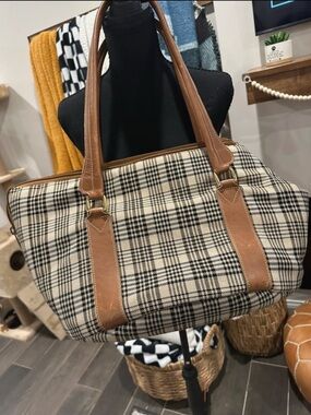 Vintage Plaid Tote Bag with Tan Leather Trim